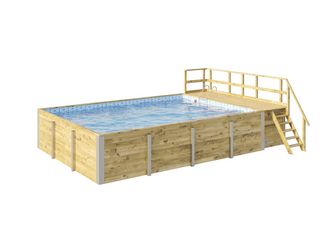 Massivholzpool 595 Gr. 2, Folie Blau/Mosaik, inkl. Sonnendeck und Sandfilteranlage, 10 Metallstützen