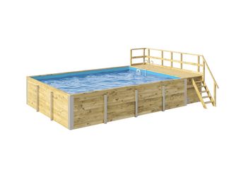 Massivholzpool 595 Gr. 2, Folie Blau, inkl. Sonnendeck und Sandfilteranlage, 10 Metallstützen