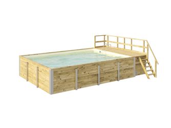 Massivholzpool 595 Gr. 2, Folie Sand, inkl. Sonnendeck und Sandfilteranlage, 10 Metallstützen