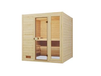 Massivholzsauna 38mm VALIDA 3 GTF Sparset inkl. 9, 0 kW Kompakt-Ofenset und Sauna-Leuchtenset