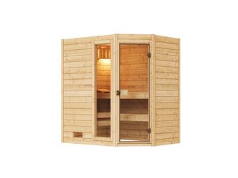 Massivholzsauna 38mm VALIDA Eck 1 GTF Sparset 1 inkl. 4, 5 kW Kompakt-Ofenset, Leuchtenset und Zubehör