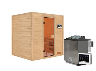 Massivholzsauna Adelina mit bronz. Tür SET mit Ofen 9kW Bio ext. Strg. 1960x1690x1870mm Massivholzsauna Adelina mit bronz. Tür SET mit Ofen 9kW Bio ext. Strg. 1960x1690x1870mm