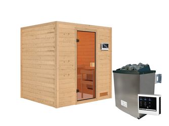 Massivholzsauna Adelina mit bronz. Tür SET mit Ofen 9kW ext. Strg. 1960x1690x1870mm Massivholzsauna Adelina mit bronz. Tür SET mit Ofen 9kW ext. Strg. 1960x1690x1870mm