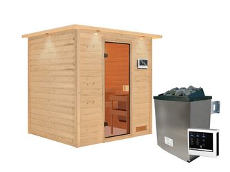 Massivholzsauna Adelina mit bronz. Tür und Kranz SET mit Ofen 9kW integr. Strg. 2240x1840x1910mm Massivholzsauna Adelina mit bronz. Tür und Kranz SET mit Ofen 9kW integr. Strg. 2240x1840x1910mm