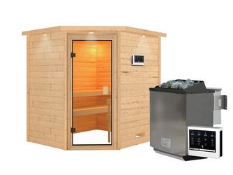Massivholzsauna Elea mit bronz. Tür und Kranz SET mit Ofen 9kW Bio ext. Strg. 2240x1840x1910mm Massivholzsauna Elea mit bronz. Tür und Kranz SET mit Ofen 9kW Bio ext. Strg. 2240x1840x1910mm