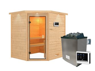 Massivholzsauna Elea mit bronz. Tür und Kranz SET mit Ofen 9kW ext. Strg. 2240x1840x1910mm Massivholzsauna Elea mit bronz. Tür und Kranz SET mit Ofen 9kW ext. Strg. 2240x1840x1910mm