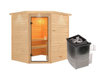 Massivholzsauna Elea mit bronz. Tür und Kranz SET mit Ofen 9kW integr. Strg. 2240x1840x1910mm Massivholzsauna Elea mit bronz. Tür und Kranz SET mit Ofen 9kW integr. Strg. 2240x1840x1910mm