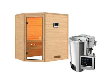 Massivholzsauna Jella mit bronz. Tür SET mit Ofen 3,6kW Bio ext. Strg. 1960x1450x1870mm Massivholzsauna Jella mit bronz. Tür SET mit Ofen 3,6kW Bio ext. Strg. 1960x1450x1870mm