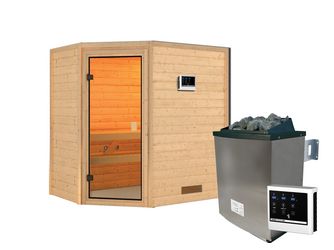 Massivholzsauna Jella mit bronz. Tür SET mit Ofen 9kW ext. Strg. 1960x1450x1870mm Massivholzsauna Jella mit bronz. Tür SET mit Ofen 9kW ext. Strg. 1960x1450x1870mm