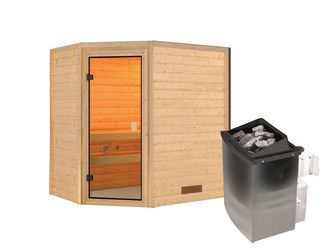 Massivholzsauna Jella mit bronz. Tür SET mit Ofen 9kW integr. Strg. 1960x1450x1870mm Massivholzsauna Jella mit bronz. Tür SET mit Ofen 9kW integr. Strg. 1960x1450x1870mm