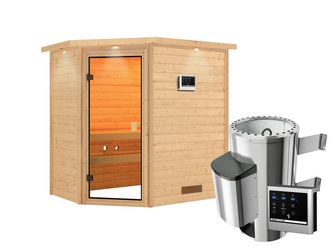 Massivholzsauna Jella mit bronz. Tür und Kranz SET mit Ofen 3,6kW ext. Strg. Easy 2240x1590x1910mm Massivholzsauna Jella mit bronz. Tür und Kranz SET mit Ofen 3,6kW ext. Strg. Easy 2240x1590x1910mm