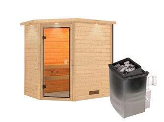 Massivholzsauna Jella mit bronz. Tür und Kranz SET mit Ofen 9kW integr. Strg. 2240x1590x1910mm Massivholzsauna Jella mit bronz. Tür und Kranz SET mit Ofen 9kW integr. Strg. 2240x1590x1910mm