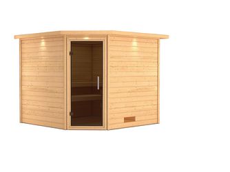 Massivholzsauna Leona mit Kranz und Tür graphit 2590x2450x2020mm Massivholzsauna Leona mit Kranz und Tür graphit 2590x2450x2020mm