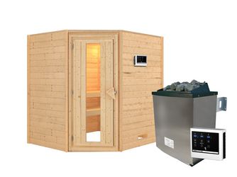 Massivholzsauna Mia mit Energiespartür SET Ofen 9KW externe Strg modern 1960x1690x1980mm Massivholzsauna Mia mit Energiespartür SET Ofen 9KW externe Strg modern 1960x1690x1980mm