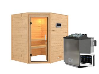 Massivholzsauna Mia mit Klarglastür SET 2 Ofen 9KW externe Strg modern 1960x1690x1980mm Massivholzsauna Mia mit Klarglastür SET 2 Ofen 9KW externe Strg modern 1960x1690x1980mm