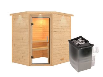 Massivholzsauna Mia mit Klarglastür SET 2 Ofen 9kW Bio externe Strg modern 1960x1690x1980mm Massivholzsauna Mia mit Klarglastür SET 2 Ofen 9kW Bio externe Strg modern 1960x1690x1980mm