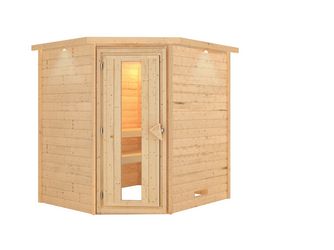 Massivholzsauna Mia mit Kranz und isolierter Holztür 2240x1840x2020mm