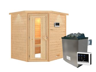 Massivholzsauna Mia mit Kranz und isolierter Holztür SET Ofen 9KW externe Strg modern 2240x1840x2020mm