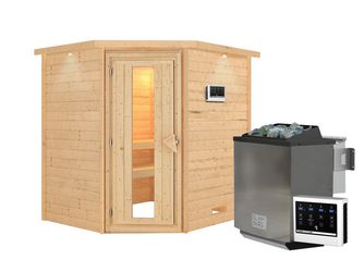 Massivholzsauna Mia mit Kranz und isolierter Holztür SET Ofen 9kW Bio externe Strg modern 2240x1840x2020mm