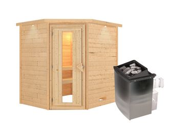Massivholzsauna Mia mit Kranz und isolierter Holztür SET Ofen 9kW integr. Strg 2240x1840x2020mm
