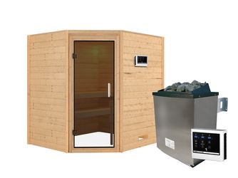 Massivholzsauna Mia mit Tür graphit SET Ofen 9KW externe Strg modern 1960x1690x1980mm Massivholzsauna Mia mit Tür graphit SET Ofen 9KW externe Strg modern 1960x1690x1980mm