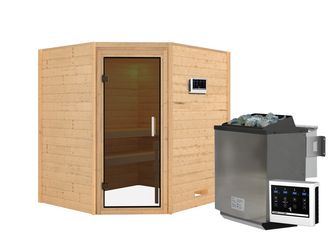 Massivholzsauna Mia mit Tür graphit SET Ofen 9kW Bio externe Strg modern 1960x1690x1980mm Massivholzsauna Mia mit Tür graphit SET Ofen 9kW Bio externe Strg modern 1960x1690x1980mm