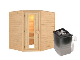 Massivholzsauna Mia mit isolierter Holztür SET Ofen 9kW integr. Strg 1960x1690x1980mm