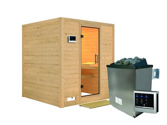 Massivholzsauna Mojave mit Klarglastür SET Ofen 9KW externe Strg easy 1960x1950x2000mm Massivholzsauna Mojave mit Klarglastür SET Ofen 9KW externe Strg easy 1960x1950x2000mm