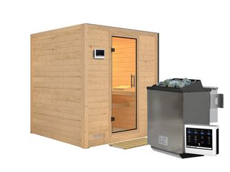 Massivholzsauna Mojave mit Klarglastür SET Ofen 9kW Bio externe Strg easy 1960x1950x2000mm Massivholzsauna Mojave mit Klarglastür SET Ofen 9kW Bio externe Strg easy 1960x1950x2000mm