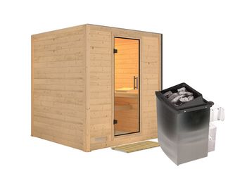 Massivholzsauna Mojave mit Klarglastür SET Ofen 9kW integr. Strg 1960x1950x2000mm Massivholzsauna Mojave mit Klarglastür SET Ofen 9kW integr. Strg 1960x1950x2000mm