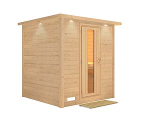 Massivholzsauna Mojave mit Kranz und isolierter Holztür 2240x2100x2060mm