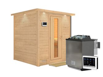 Massivholzsauna Mojave mit Kranz und isolierter Holztür SET mit Ofen 9kW Bio ext. Strg. Easy 2240x2100x2060mm