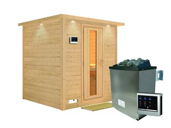 Massivholzsauna Mojave mit Kranz und isolierter Holztür SET mit Ofen 9kW ext. Strg. Easy 2240x2100x2060mm