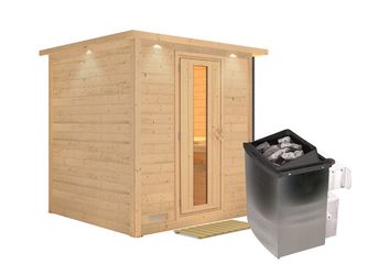 Massivholzsauna Mojave mit Kranz und isolierter Holztür SET mit Ofen 9kW integr. Strg. 2240x2100x2060mm