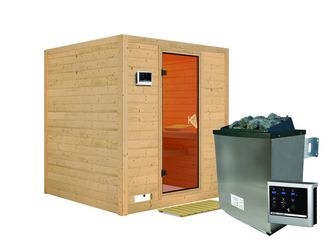Massivholzsauna Mojave mit bronz. Tür SET mit Ofen 9kW Edelstahl ext. Strg. Easy 1960x1950x2000mm Massivholzsauna Mojave mit bronz. Tür SET mit Ofen 9kW Edelstahl ext. Strg. Easy 1960x1950x2000mm