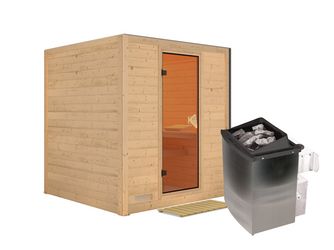 Massivholzsauna Mojave mit bronz. Tür SET mit Ofen 9kW integr. Strg silber 1960x1950x2000mm Massivholzsauna Mojave mit bronz. Tür SET mit Ofen 9kW integr. Strg silber 1960x1950x2000mm