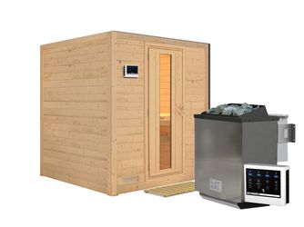 Massivholzsauna Mojave mit isolierter Holztür SET mit Ofen 9kW Bio ext. Strg. Easy 1960x1950x2000mm