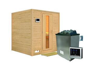 Massivholzsauna Mojave mit isolierter Holztür SET mit Ofen 9kW ext. Strg. Easy 1960x1950x2000mm