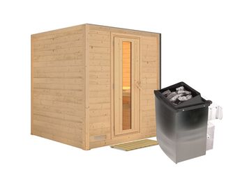 Massivholzsauna Mojave mit isolierter Holztür SET mit Ofen 9kW integr. Strg. 1960x1950x2000mm