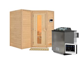 Massivholzsauna Sahib 1 mit isolierter Holztür SET mit Ofen 9kW Bio ext. Strg. Easy 1930x1840x2090mm