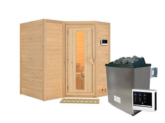 Massivholzsauna Sahib 1 mit isolierter Holztür SET mit Ofen 9kW ext. Strg. Easy 1930x1840x2090mm