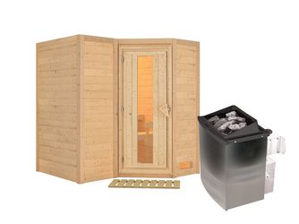 Massivholzsauna Sahib 1 mit isolierter Holztür SET mit Ofen 9kW integr. Strg. 1930x1840x2090mm