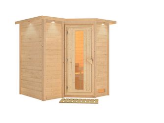 Massivholzsauna Sahib 1 mit isolierter Holztür und Kranz 2210x1980x2120mm