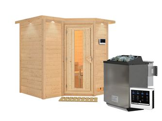 Massivholzsauna Sahib 1 mit isolierter Holztür und Kranz SET mit Ofen 9kW Bio ext. Strg. Easy 2210x1980x2120mm