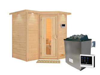 Massivholzsauna Sahib 1 mit isolierter Holztür und Kranz SET mit Ofen 9kW ext. Strg. Easy 2210x1980x2120mm