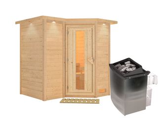 Massivholzsauna Sahib 1 mit isolierter Holztür und Kranz SET mit Ofen 9kW integr. Strg. 2210x1980x2120mm