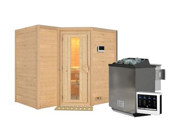 Massivholzsauna Sahib 2 mit isolierter Holztür SET mit Ofen 9kW Bio ext. Strg. Easy 2360x1840x2090mm