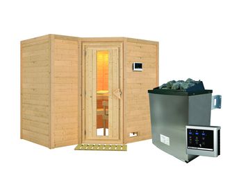 Massivholzsauna Sahib 2 mit isolierter Holztür SET mit Ofen 9kW ext. Strg. Easy 2360x1840x2090mm