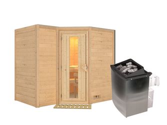 Massivholzsauna Sahib 2 mit isolierter Holztür SET mit Ofen 9kW integr. Strg. 2360x1840x2090mm