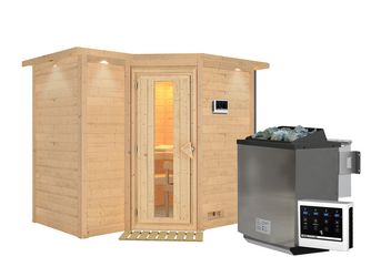 Massivholzsauna Sahib 2 mit isolierter Holztür und Kranz SET mit Ofen 9kW Bio ext. Strg. Easy 2640x1980x2120mm